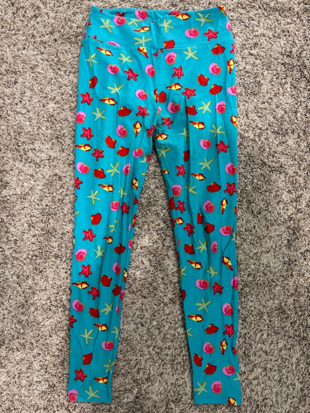 LuLaRoe seashell/starfish leggings in teal/red/pink/yellow OS fits 2-10